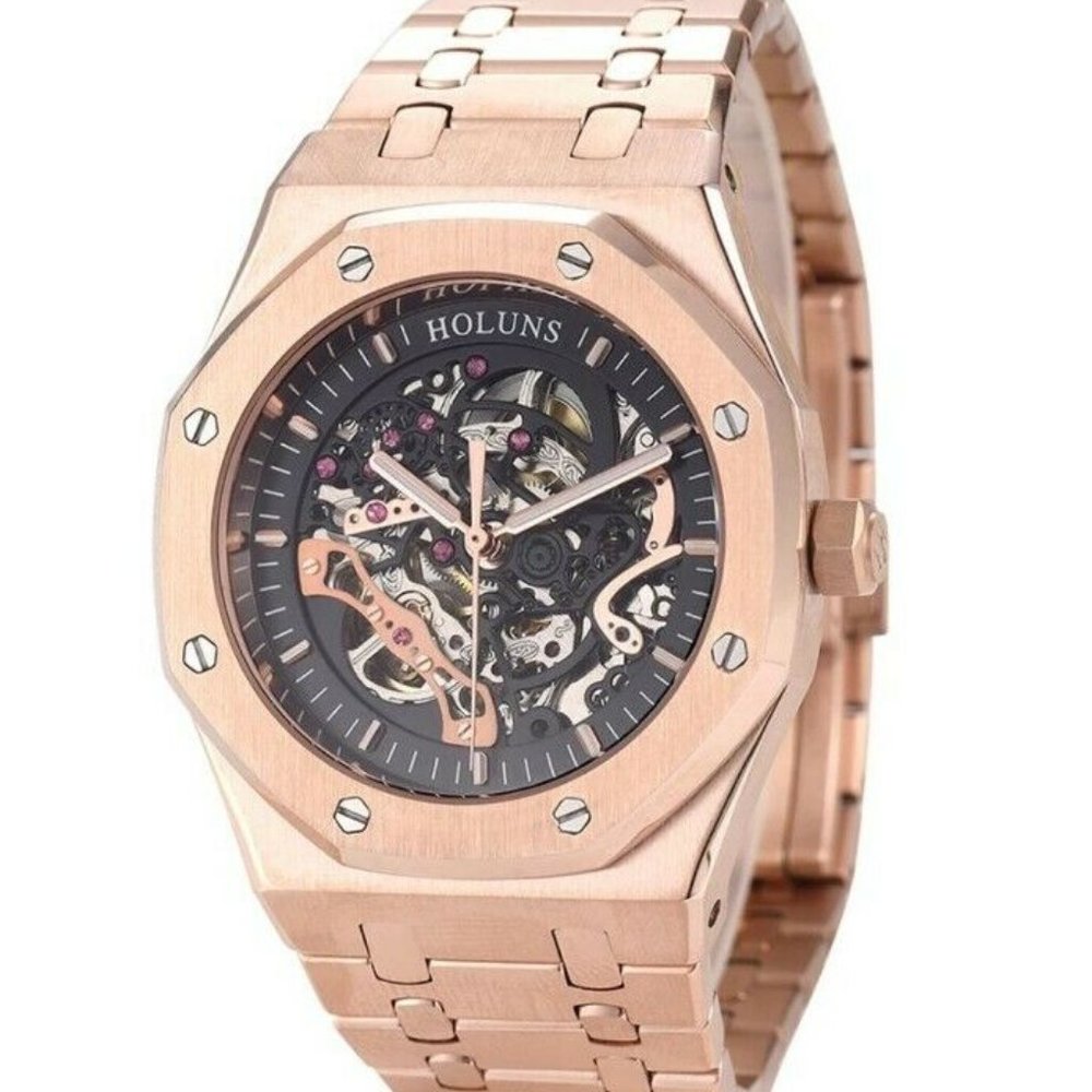 Mens Royal Watch Skeleton Homage Automatic Rose Gold Oak